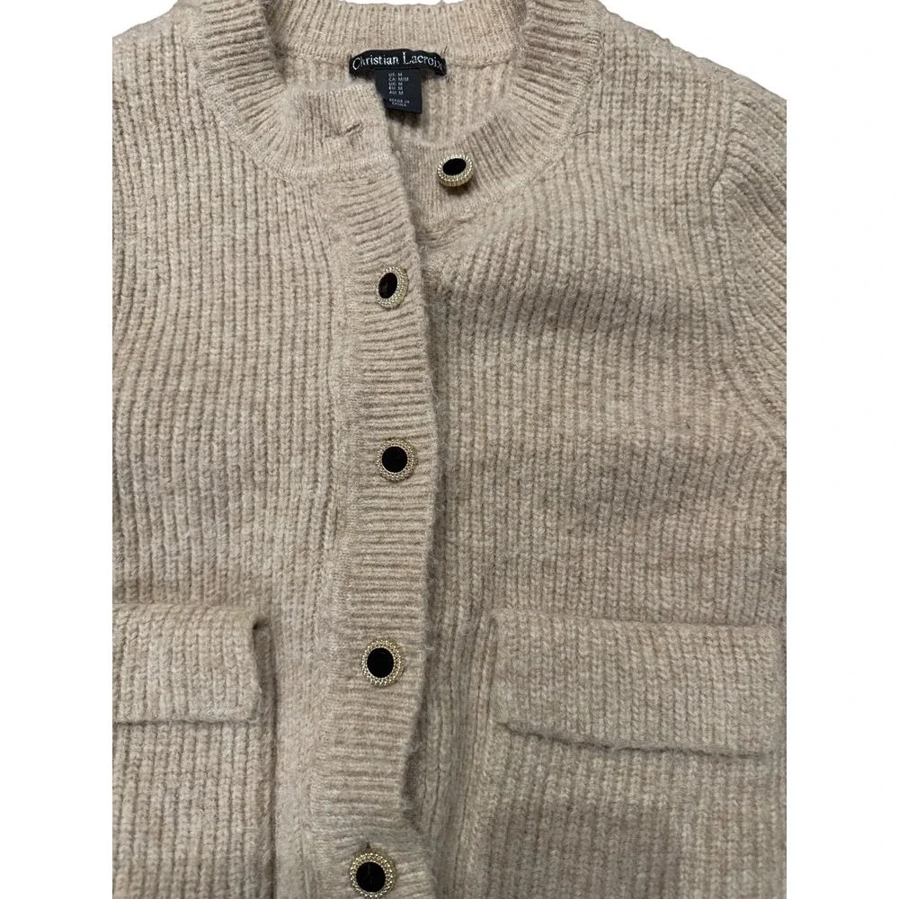 Christian Lacroix Wool Blend Beige Ribbed Knit Cardigan Sweater Size Medium - Picture 3 of 5